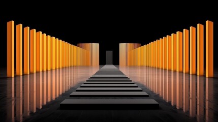 Obraz premium A staircase with orange pillars leading to a black door.