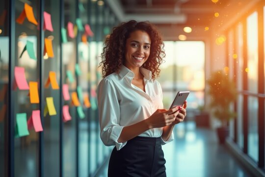 Lost in silence. Young businesswoman curly hair white shirt using smar