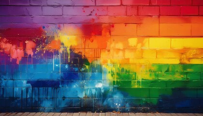 Obraz premium A colorful graffiti mural with rainbow paint splashes and drips on a brick wall.