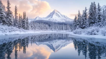 Printed kitchen splashbacks Snowy mountain reflected in still lake with frosted pine trees at sunrise during winter.