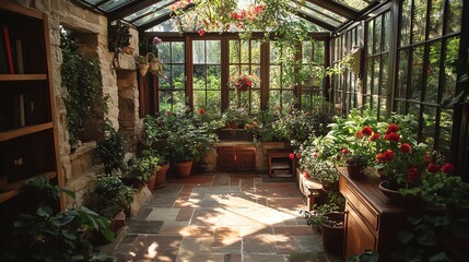 Obraz premium A stunning greenhouse seamlessly integrated into modern home interior, showcasing vibrant plants and eco-friendly design.