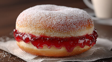 Sweet Temptation: A close-up shot of a delectable donut, sliced and generously filled with vibrant jam and sprinkled with powdered sugar, rests on a pristine napkin.