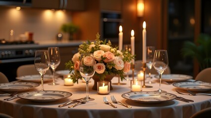 Elegant Dinner Table Setting with Roses, Wine Glasses, and Candlelight