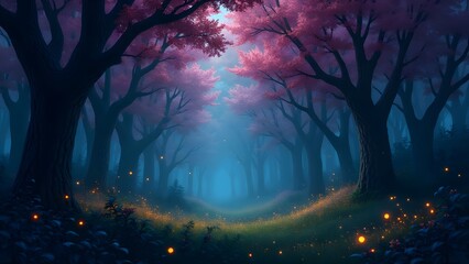 Enchanted Pink Cherry Blossom Forest with Fireflies Glowing in the Twilight, Dreamy Landscape