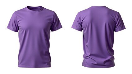 Purple t-shirt, front and back view, plain design, short sleeves, crew neck, cotton fabric, vibrant color, casual wear, isolated on white background, product photography, clothing mockup, simple aesth