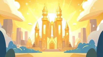 Naklejka premium Golden kingdom illustration majestic architecture fantasy landscape digital art ethereal atmosphere bright city skyline radiant light