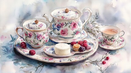 Watercolor illustration of British afternoon tea,tea break in the English style,tea set with Afternoon tea stand with macaroons and scone,cake,cup of tea,Tea time dessert table,vintage style.