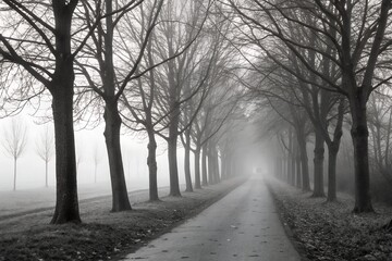 A grayscale image of a road lined with trees disappearing into the thick fog