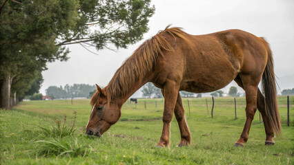 Fototapeta premium Brown horse peacefully grazing in a green rural pasture on an overcast day, surrounded by trees and fence