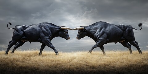 Fototapeta premium Two powerful black bulls facing each other in a field under a stormy sky