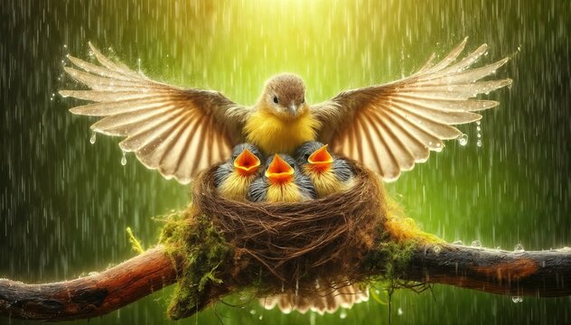 A mother bird spreads her wings to protect the yellow chicks in a nest built on a wet branch with rain dripping the nest and a blurred green nature background. Mother's day concept. - Powered by Adobe