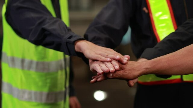 team hands together. Professional team working at workplace. Unity and teamwork. Group portrait engineer factory manager worker and mechanic team together in factory workplace