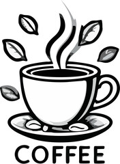 Black and White Coffee Cup with Steam and Leaves – Hand-Drawn Vector Logo for Organic Café and Beverage Branding