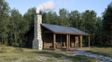 Obraz premium Secluded log cabin home nestled within dense forest offering tranquility and rustic charm with smoking chimney on clear beautiful day