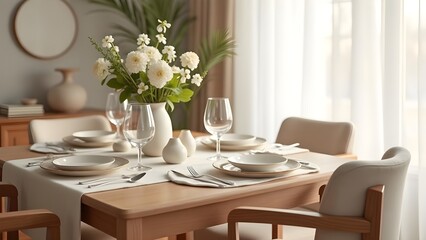 Fototapeta premium Elegant Table Setting with White Floral Arrangement and Neutral Décor for Dining Room Interior