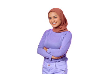 Portrait of smiling young Asian woman crossing hands isolated on transparent background