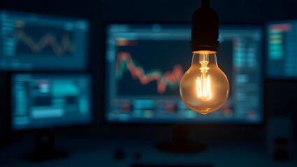 Glowing Edison bulb, blurred financial charts background, stock market data, digital display, soft focus, moody lighting, blue tones, market analysis, trading floor ambiance, technological finance con