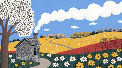 Gordijnen Charming countryside cottage scene with blossoming tree pastoral landscape digital art and blue sky rural tranquility scenic beauty © Artajar