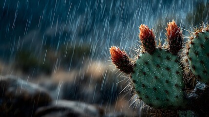 Resilient Cactus Enduring an Intense Downpour Amid a Parched Desert Impacted by Climate Change