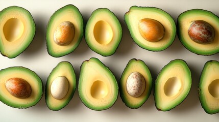 A flat lay shot of freshly sliced avocados arranged on a clean neutral background creamy edges soft diffused definition