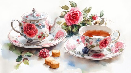 Watercolor illustration of British afternoon tea,tea break in the English style,tea set with Afternoon tea stand with macaroons and scone,cake,cup of tea,Tea time dessert table,vintage style.