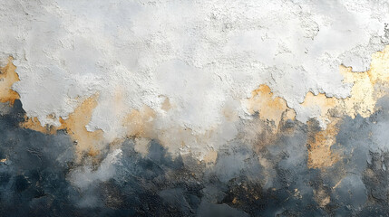 Abstract textured painting in muted gray and gold tones.