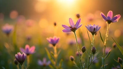 Fototapeta premium Dreamy Cosmos Flowers at Sunset: A Golden Hour Field of Purple Blooms