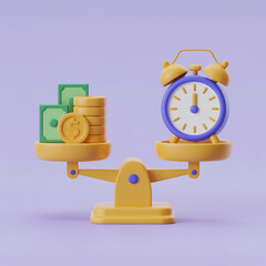 Time is money conceptual 3d rendering with scales money bills clock metaphor for finance management