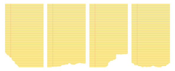 Set of ruled legal pad pages with ripped edges. Yellow notepad paper with blue lines and red margin.