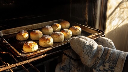 Baking tray coming out of the oven with multiple small round loaves, oven mitts and shadows only (no hands) 