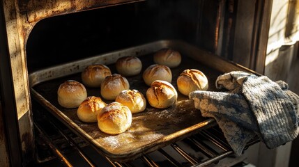 Baking tray coming out of the oven with multiple small round loaves, oven mitts and shadows only (no hands) 