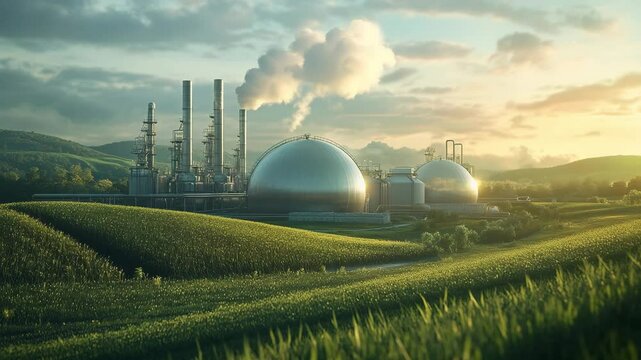 Rural biogas facility with large dome digesters beside upgraded RNG pipeline infrastructure, surrounded by farmland and hills, representing clean energy transition and agricultural sustainability.