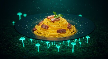 Delicious creamy pasta carbonara dish with bacon garnished with basil on dark plate surrounded by