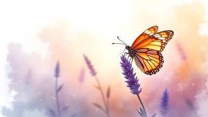 Obraz premium Monarch Butterfly on Lavender Blossom: A Watercolor Illustration of Beauty and Nature