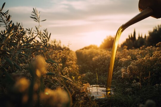 A stream of golden liquid pours over a field, bathed in the warm glow of the setting sun.