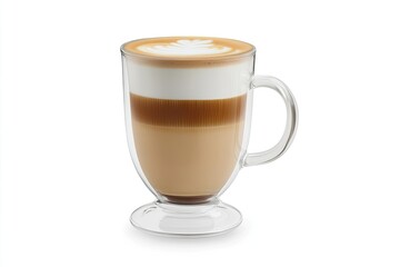 Obraz premium Layered coffee drink in clear glass mug, with latte art