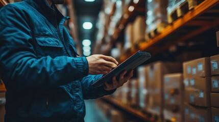 Warehouse worker using tablet for inventory.  A worker in a warehouse checks inventory on a tablet.  Organized shelving with boxes is visible