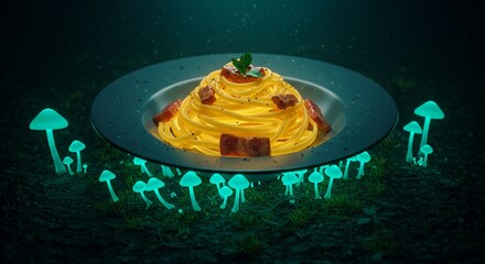Delicious carbonara pasta dish glowing plate mushrooms night 3d art eat food meal dark cook bacon