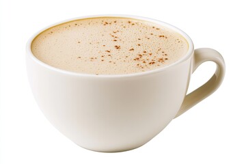 Obraz premium Creamy coffee beverage in a white ceramic mug Top layer of frothy crema with light brown spice sprinkles