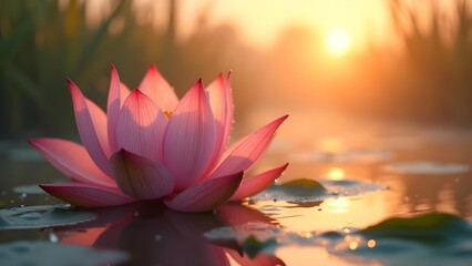 Pink Lotus Blossom at Sunrise: Serene Reflection on Water