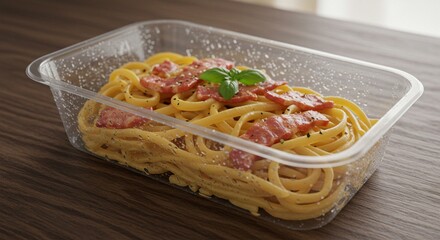 Delicious pasta carbonara dish with crispy bacon and basil eat egg food meal rich herb lunch plate