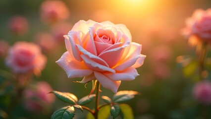 Obraz premium Elegant Pink Rose in Golden Sunlight: A Close-Up of Dew-Kissed Petals in a Lush Garden