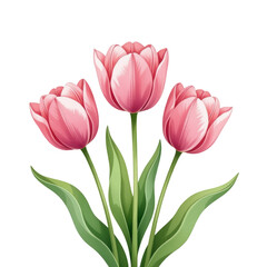 Naklejka premium Pink Tulips with Green Leaves, Transparent Background