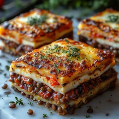 Rustic Greek moussaka with melted cheese topping high resolution photo