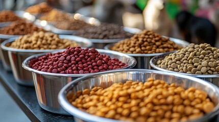 Colorful Display of Various Pet Food Types in Metal Bowls at Market Stall Providing Nutrition for Dogs and Cats