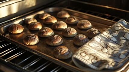 Baking tray coming out of the oven with multiple small round loaves, oven mitts and shadows only (no hands) 