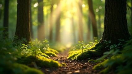 Sunlit Forest Path: Serene Woodland Scene with Mossy Ground and Sunlight Streaming Through the Trees