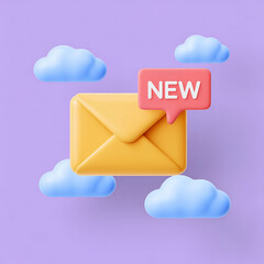 Yellow envelope with new message notification and soft clouds on a purple background