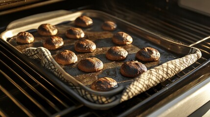 Baking tray coming out of the oven with multiple small round loaves, oven mitts and shadows only (no hands) 