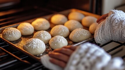 Baking tray coming out of the oven with multiple small round loaves, oven mitts and shadows only (no hands) 